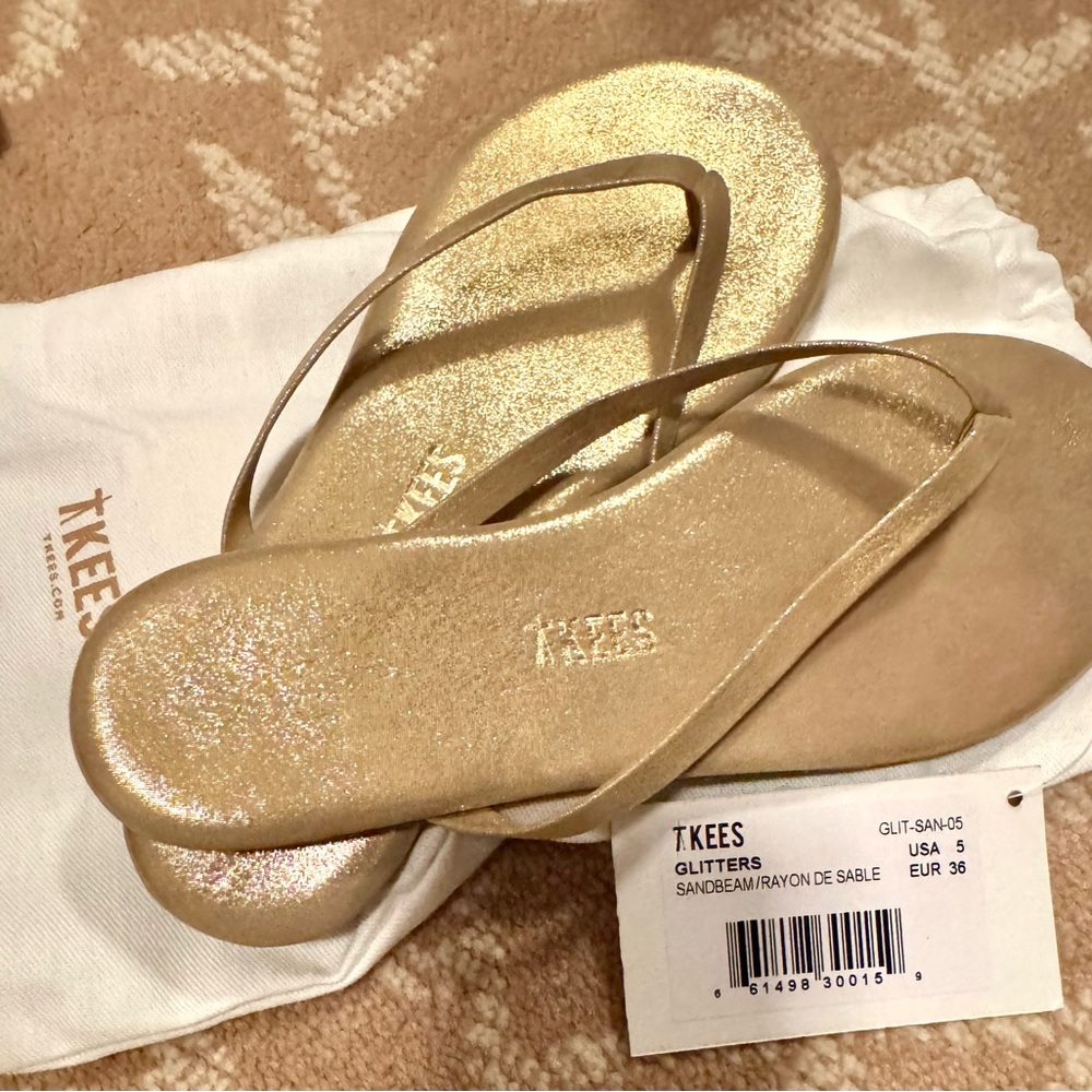NWT TKEES Gold Metallic Sandals Flat Thong Style
